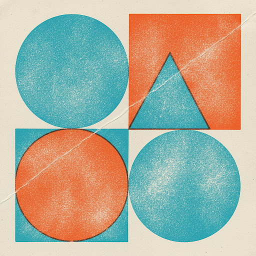 Vintage risograph-style abstract print with vibrant geometric shapes